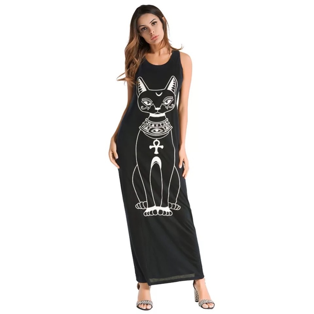 Mystical Sphinx Black Maxi Dress